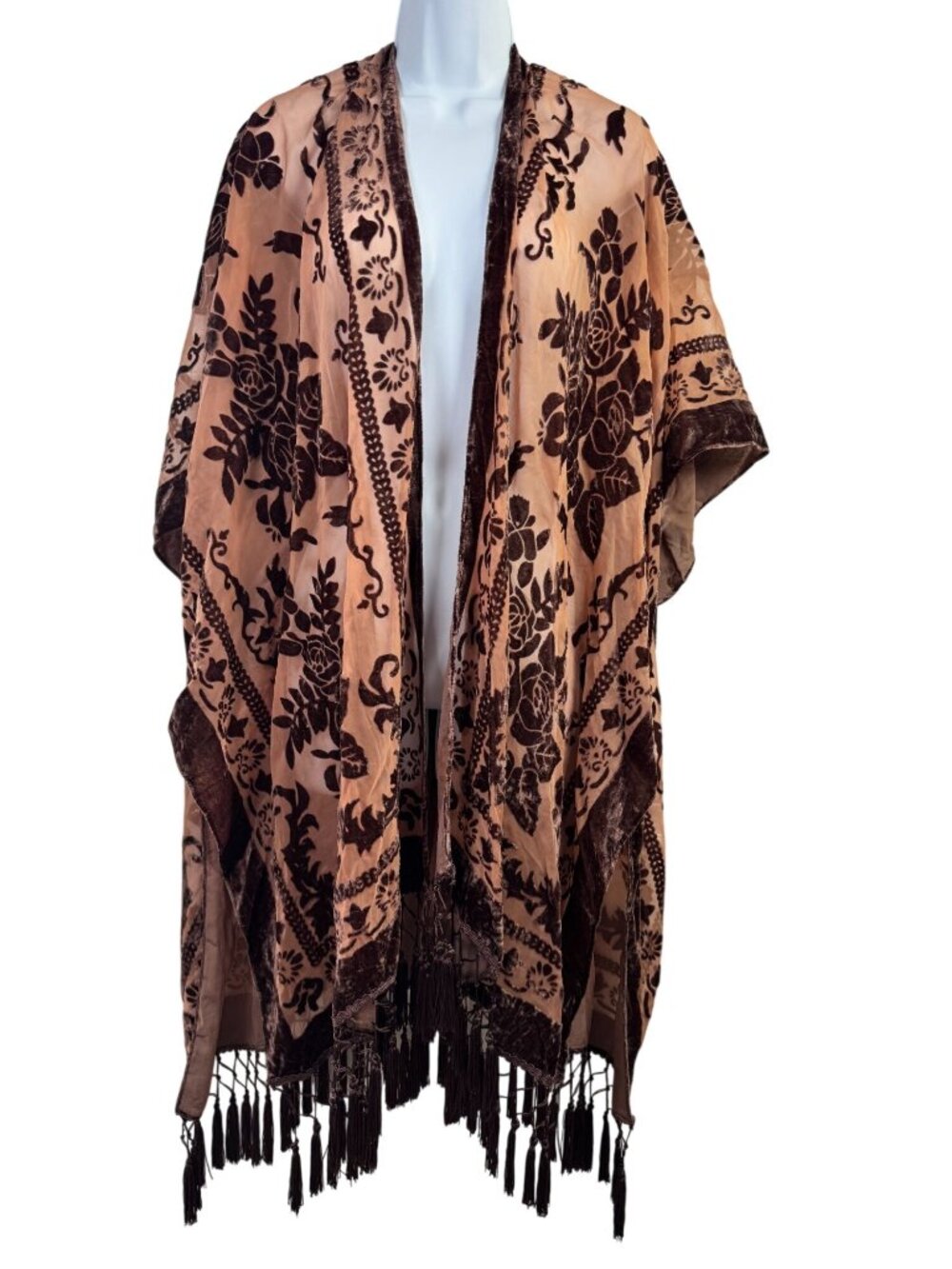 Velvet Burnout Floral Kimono Fringe Hem One Size Sheer Boho Shawl Wrap Burgundy